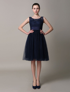 Backless robe de Cocktail a-ligne dentelle marine foncé