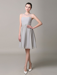 Argent semi Sheer Satin mousseline de soie Homecoming robe