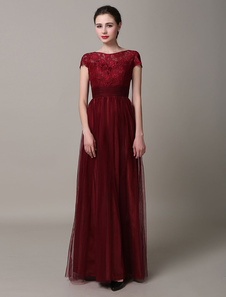 Robe de soirée dos nu dentelle a-ligne Bourgogne