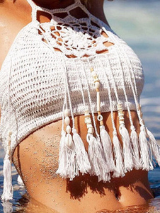 Franges blanches de découpe coton lin Crop Top pour femmes