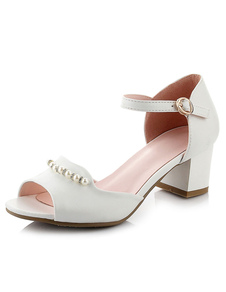 Blanc perles Peep Toe boucle PU robe sandales pour femmes