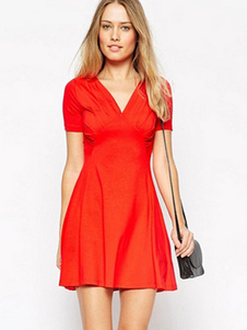 Rouge profond-V Romain tricot robe d'été pour femmes