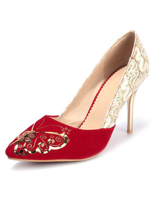 Détails en métal deux tons Pointed Toe velours Pumps mariée pour les femmes