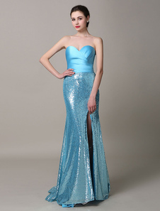 Split bleu Satin bretelles paillettes robe de soirée