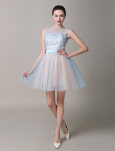 Tulle Homecoming robe Baby Blue robe de Cocktail A ligne Illusion appliques Graduation sans manches 
