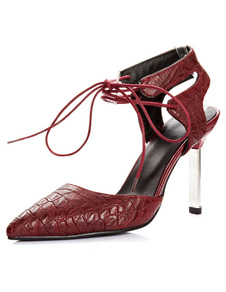 Bourgogne Croco Print a souligné Toe Lace up PU talons pour femmes