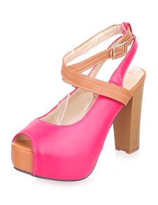 Rose rouge plate-forme Peep Toe Ankle Strap PU Sandals pour femme