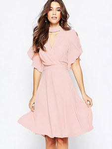 Mousseline de soie rose évasée robe pour femmes