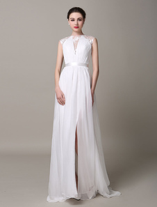 Robe de mariage Ivoire Split découpe profonde-V Sash dentelle robe de mariée