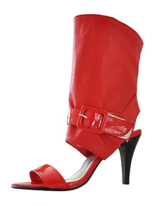 Boucle rouge Open Toe PU noir mi mollet bottes pour femmes