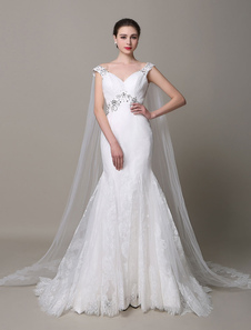 Mariage Ivoire robe sirène avec bretelles dos nu strass amovible châle