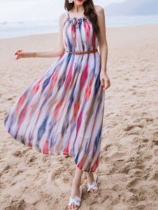 Robe d'été multicolore chiffon impression fleurie à bretelles