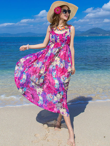 Robe d'été multicolore chiffon fleurie encolure dégagée