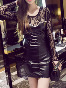 Séduisante robe de club dentelle col ras du cou manches