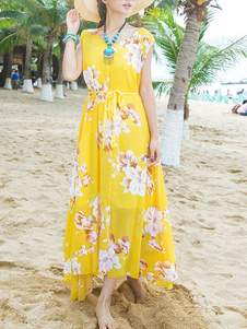 Robe d'été jaune chiffon impression fleurie col V