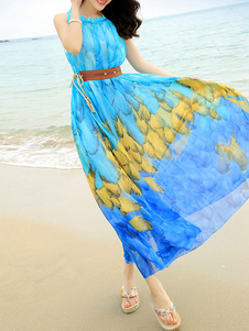 Robe d'été chiffon impression fleurie revers embelli