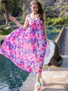 Robe d'été multicolore chiffon fleurie et bretelles