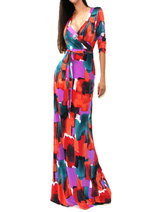 Robe longue multicolore imprimé géométrique motifs fleuri
