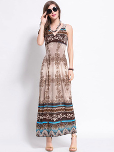 Robe longue brun foncé avec rayure motifs fleuri col V