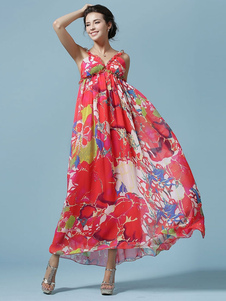 Robe longue rouge chiffon fleuri motifs à bretelles