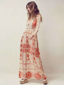 Robe longue multicolore chiffon à pois motifs fleuri col V