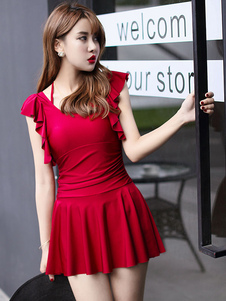 Maillot de bain 1 piece avec volant vertical unicolore élastique pour femme