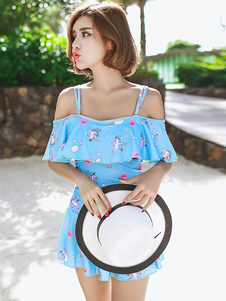 Maillot de bain 1 piece avec volant vertical à motif cheval pour femme