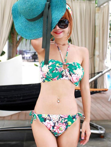 Maillot de bain bikini impression avec lacets à licou avec noeud pour femme