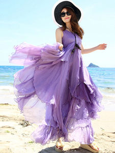 Robe longue chiffon multicouche bande col V