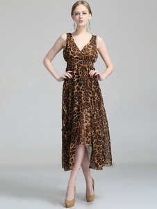 Robe longue multicolore chiffon motifs fleuri avec col U