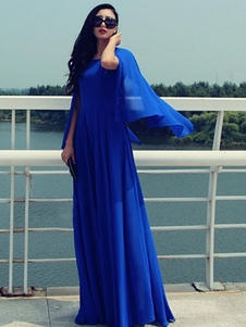 Robe longue chiffon multicouche col rond