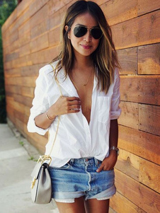 Blouse belle style européen en satin de coton blanc