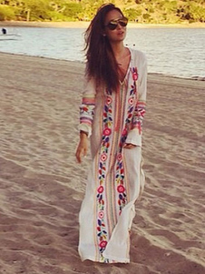 Robe droite bohémien en chiffon blanc imprimé fleuri