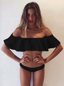 Maillot de bain 2 pièces à volants hors de l'épaule pour femme