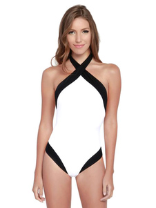 Bikini 1 pièce blanc bicolore avec passepoil et licou