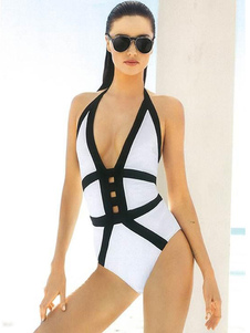 Bikini 1 pièce blanc bicolore creusé et bretelles