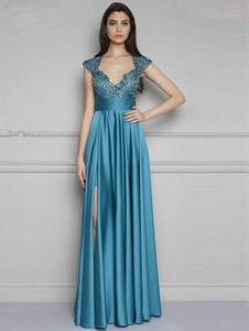 Robe longue bleu en coton sirène col V