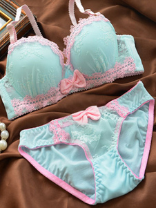 Soutien-gorge en coton bleu et culotte avec noeuds dentelle Chic pour les femmes