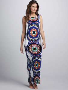 Robe d'été bleue en coton imprimé cercles imprimé fleurie