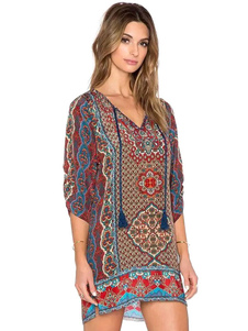 Robe droite en chiffon brun acajou imprimé fleuri