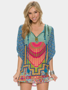 Robe droite style européen en chiffon imprimé fleuri col V