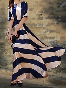 Robe longue bleu en coton zébré sirène imprimé fleuri col bateau