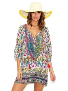 Fantastique robe droite en chiffon bleu imprimé fleuri col V