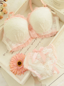 Coton blanc soutien-gorge et culotte avec noeuds dentelle pour femmes