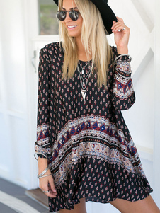 Robe droite bohémien en coton noir à pois imprimé fleuri