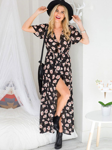 Robe longue noir en lin de coton fleuricol V