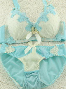 Soutien-gorge en coton bleu et culotte avec noeuds de dentelle pour femmes