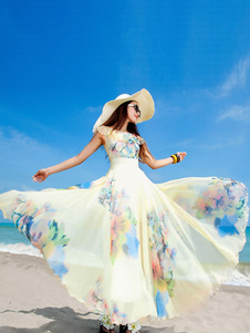 Robe d'été beige multicolore fleurie encolure dégagée