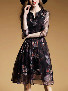 Robe skater bohémien noir multicolore fleuri