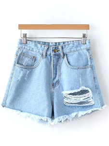 Jean femme coupe droite en denim bleu clair à taille naturelle